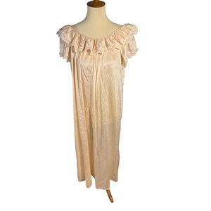 Vintage Peach pink Satin Lace Trim Ruffle large Long Nightgown Gilead